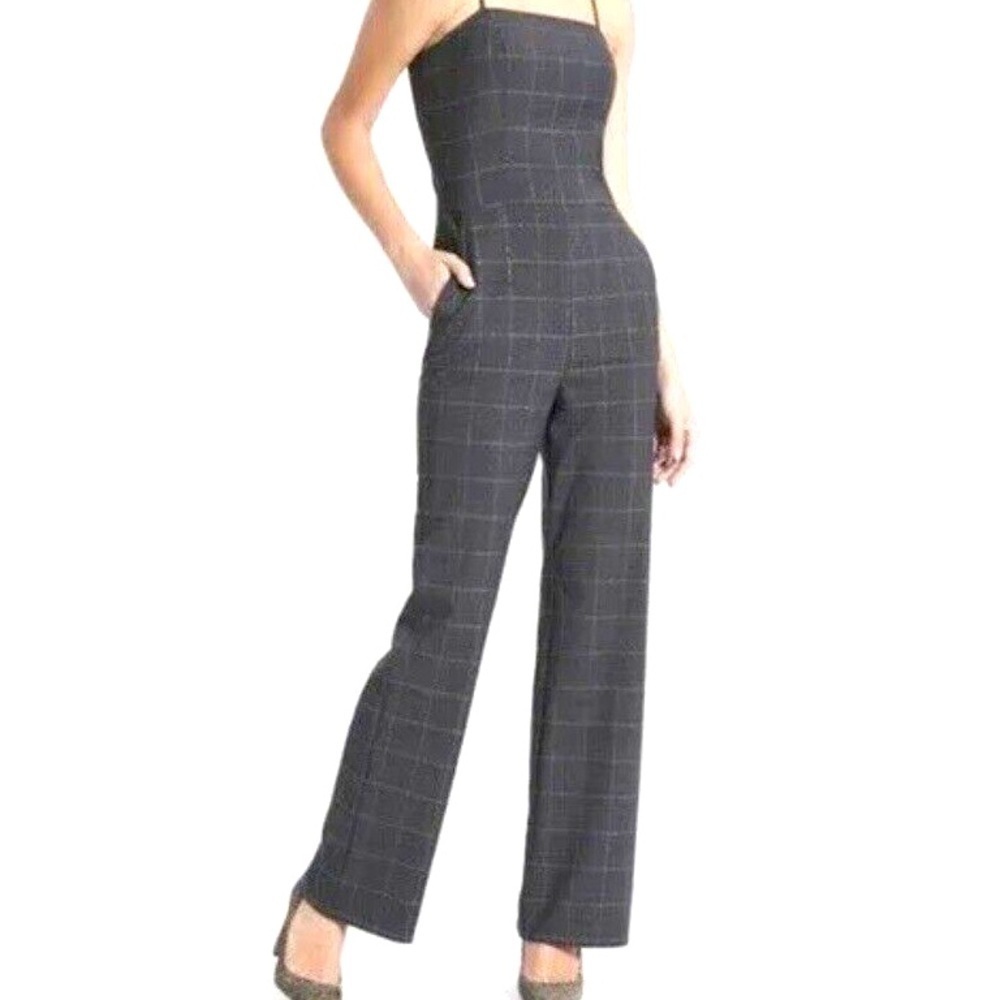 Banana Republic Plaid Wide Leg Jumpsuit in Grey & Metallic Sliver Size XS